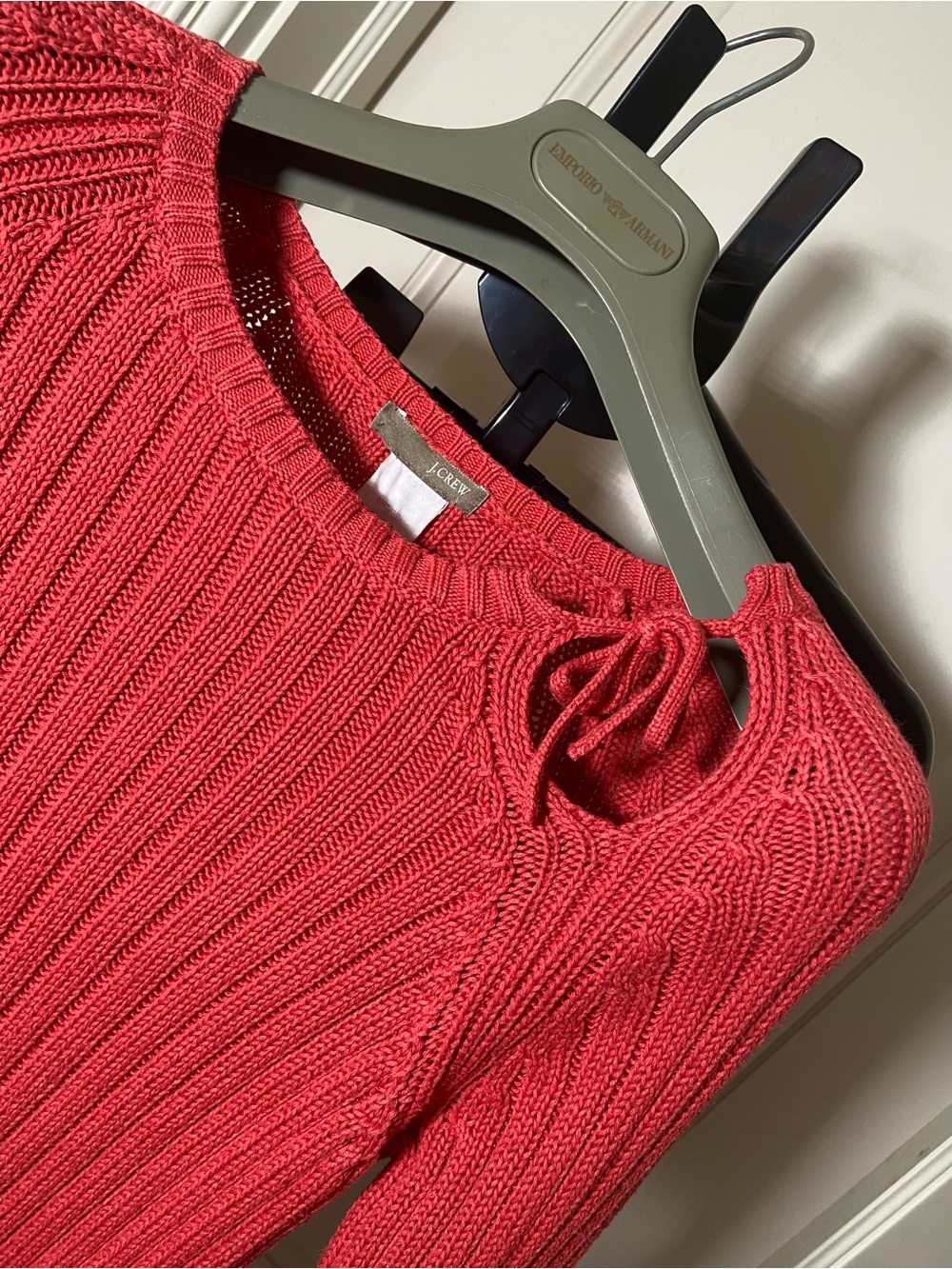 J. Crew Coral Orange Red Ribbed Tie-Shoulder Crewneck Sweater size S